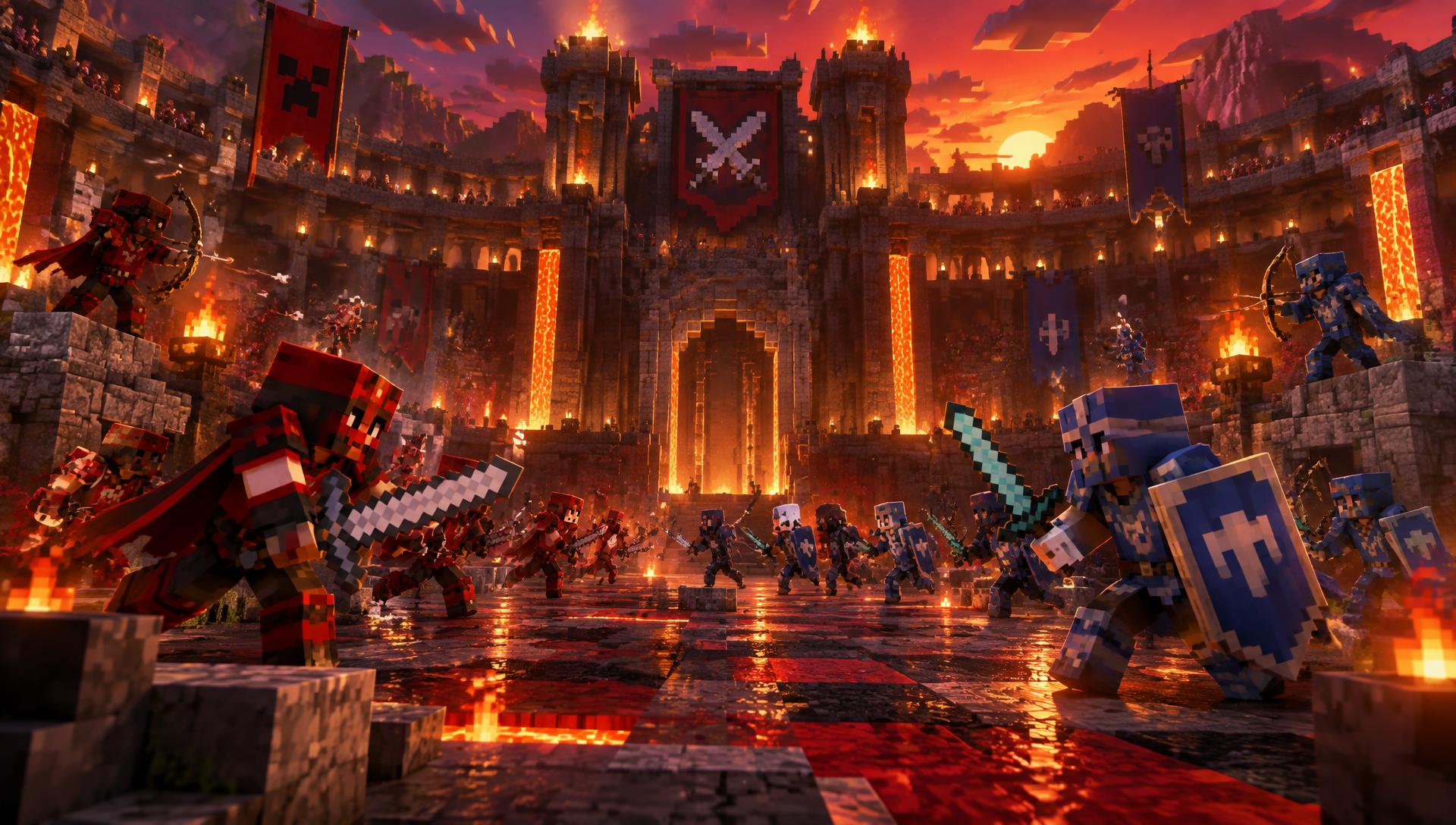 Minecraft arena battle between a red team and a blue team